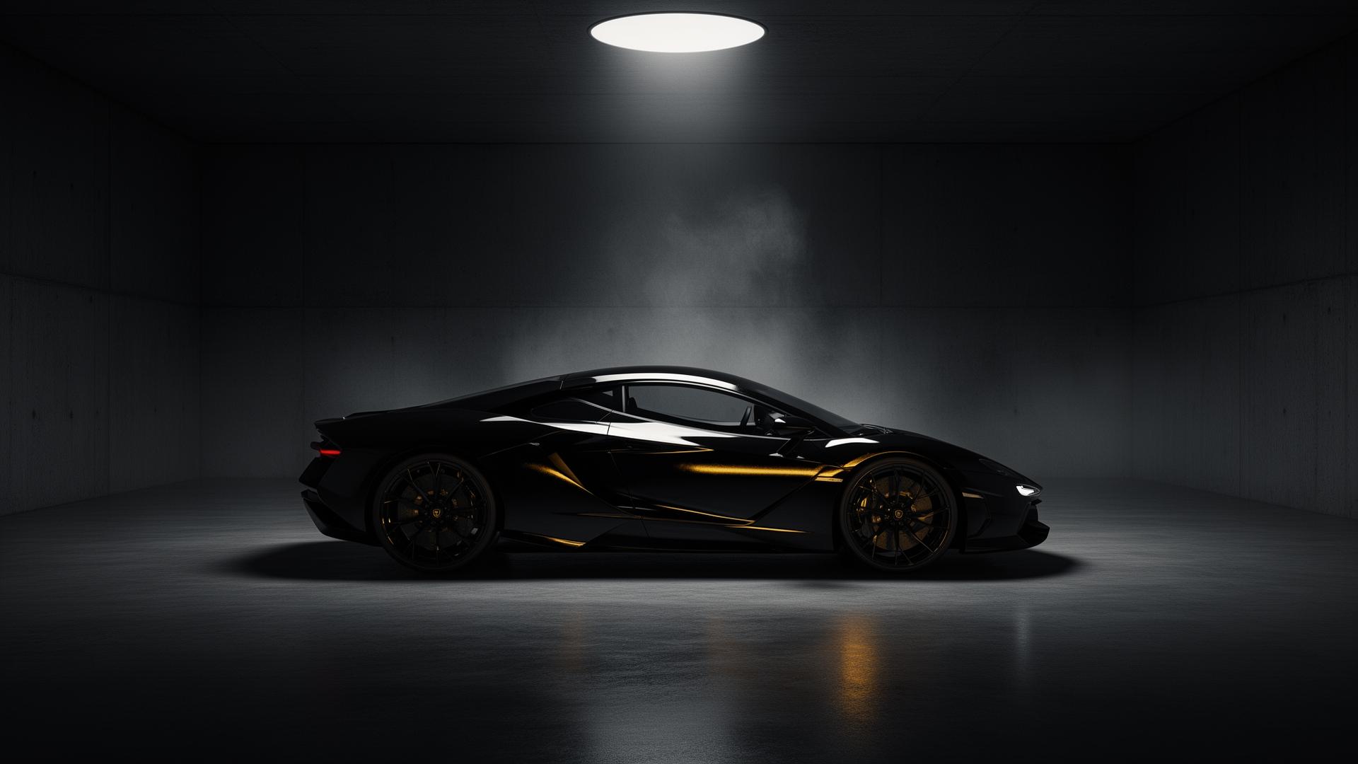 A black luxury car lit by a single overhead spotlight inside a concrete sanctuary