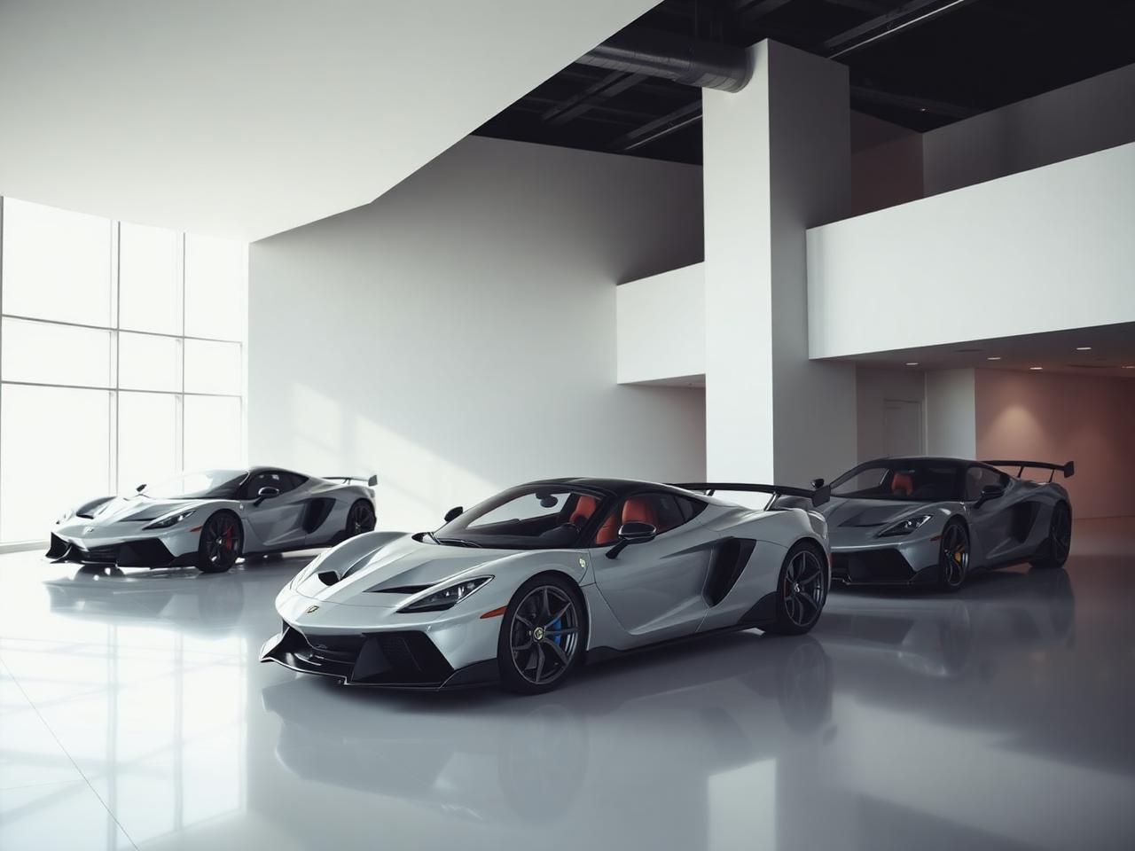 Showroom floor with three luxury cars