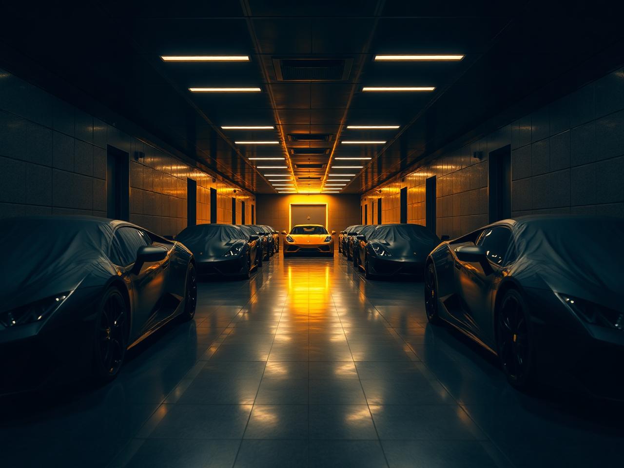 Private vault corridor with covered luxury cars